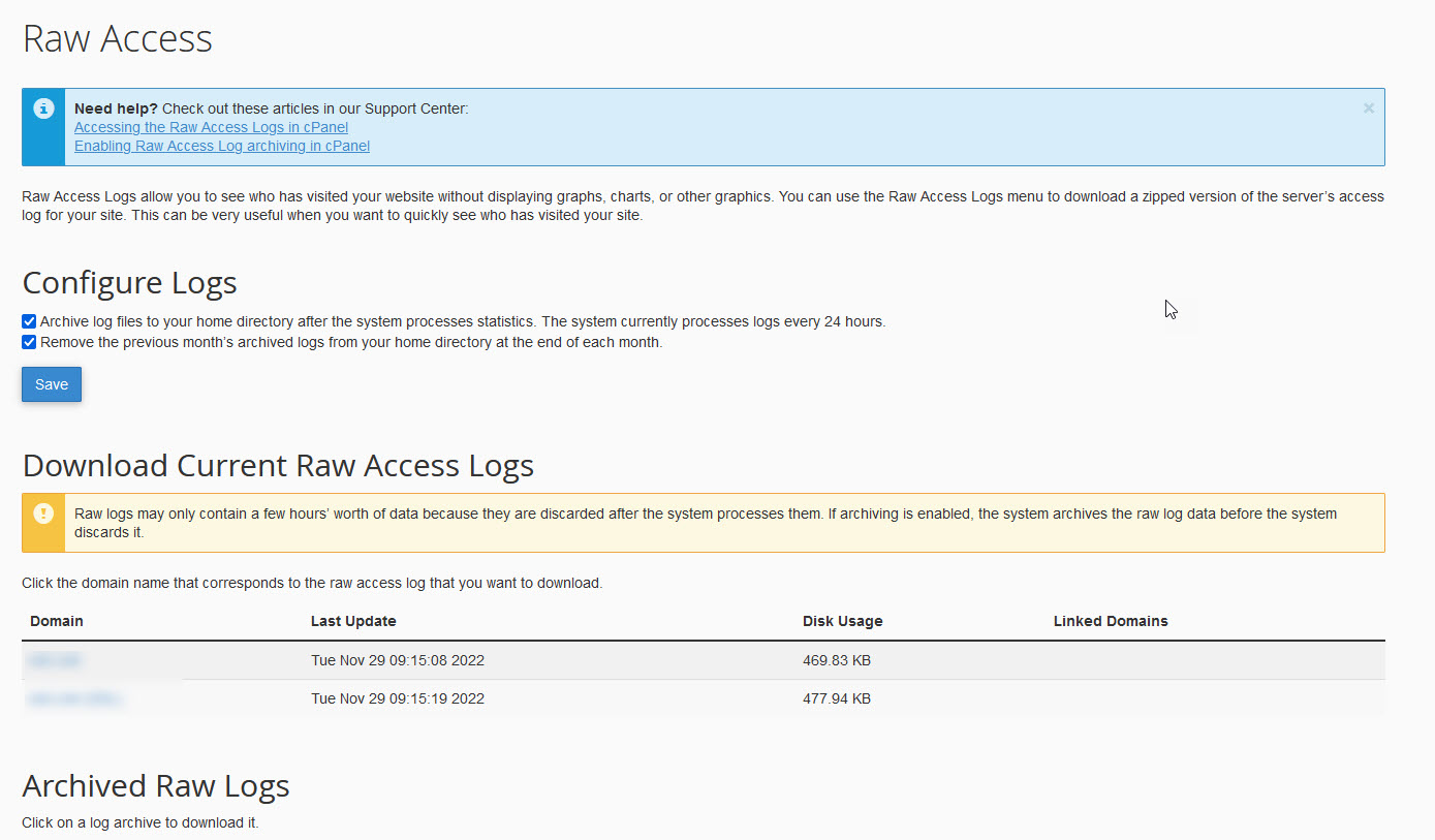 Raw Access Logs page