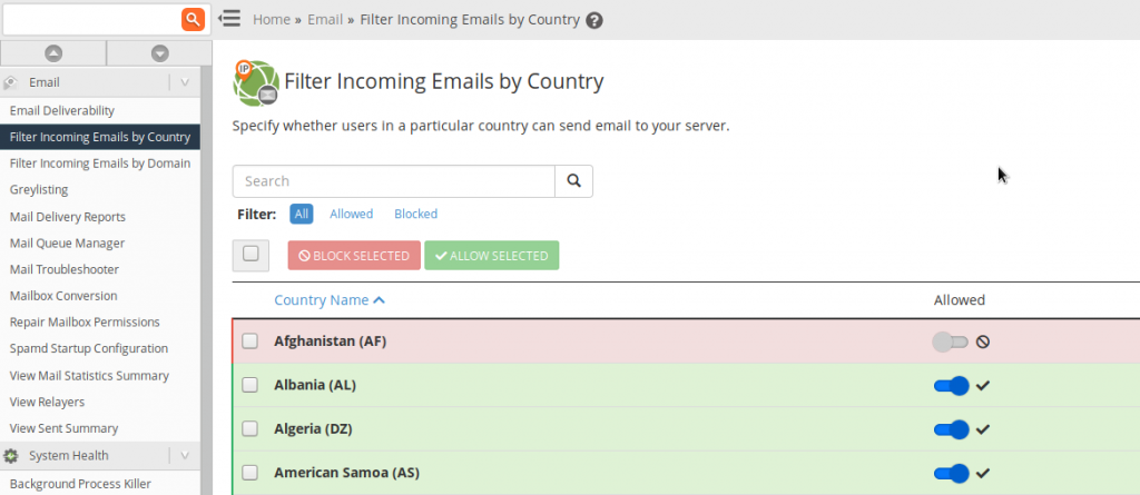 Filter incoming emails by country in WHM