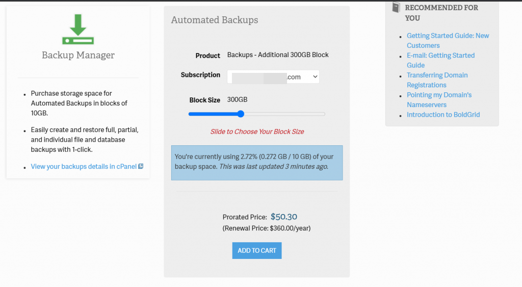 Backup Manager Block Size Selection Screen