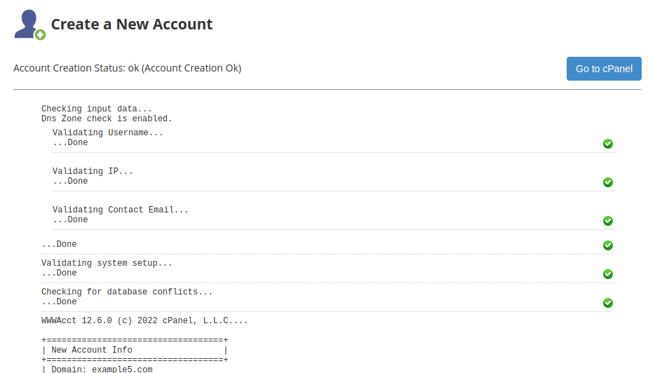 cPanel Account Creation Complete in WHM